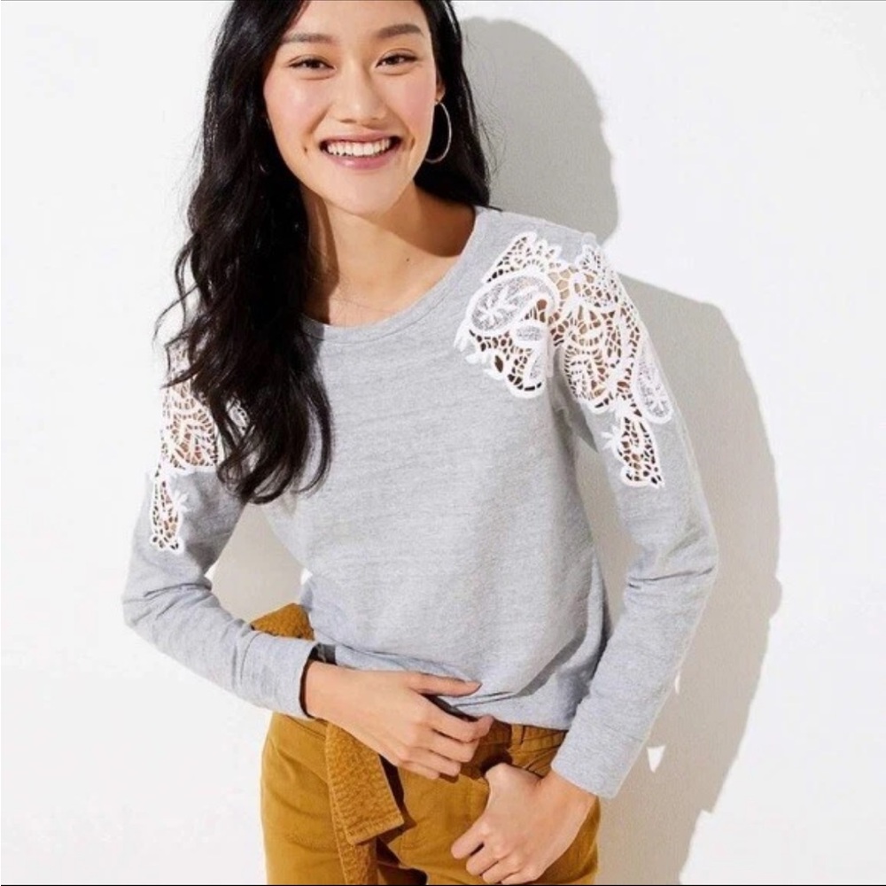 Ann Taylor LOFT Light Gray Lace Detail Crewneck Women's Lightweight Sweater